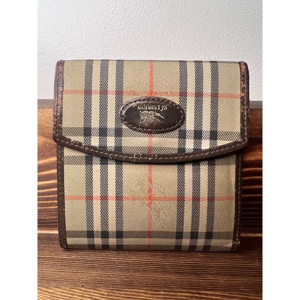 Burberrys Vintage Haymarket Check Trifold‎ Wallet Brown Leather Canvas COA